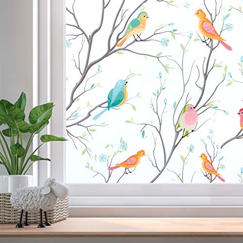 Beautysaid Privacy Window Film: Stained Glass Window Film, No-Glue Frosted Window Film, Static Cling Film, Birds Window Sticker for Home Bathroom (Stained, 44.5x400cm)