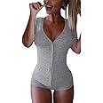 Roselux Women's Sexy Deep V Neck Shorts Short Sleeve Knitted One Piece Bodysuit Sexy Pajama Onesie Bodycon Rompers Overall