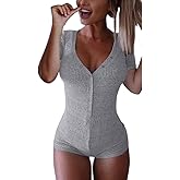 Roselux Women's Sexy Deep V Neck Shorts Short Sleeve Knitted One Piece Bodysuit Sexy Pajama Onesie Bodycon Rompers Overall