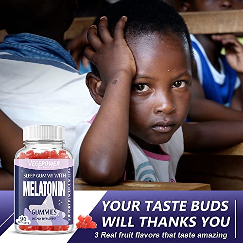 Adults Kids Melatonin Gummies Sleep - VEGEPOWER 3mg Vegan Fall Asleep Faster Sugar-Free Non-GMO Gluten Free Support Non-Habit Supplement for Men Women Strawberry Flavored 90 Count