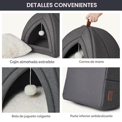 Bedsure Large Cat Bed - Cat Cave 44 x 44 x 44 cm, Indoor Cat House with Removable Sherpa Cushion and Hanging Toy, Washable Bed, Dark Grey