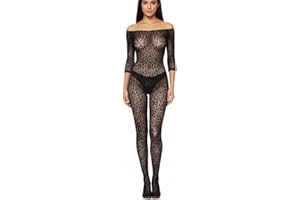 Women’s Leopard Lace Bodystocking Lingerie – Fishnet Body Suit – Cutout, Full Lace & Off Shoulder Styles – Stretch One Piece