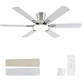 52 Inch Brushed Nickel Ceiling Fans with Lights and Remote,Flush Mount Low Profile 6 Blades Ceiling Fan with 10 Inch Lighting Fixture,Quiet Reversible DC Motor for Living Room,Bedroom and Patio