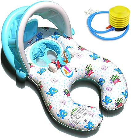 Amazon Mikketa １歳児と親子で楽しむ屋根付きベビー浮き輪 ママと向き合って乗れる安心フロート プレゼントにもぴったり 足入れ式 サンルーフ付き 空気入れセット 6ヶ月から3歳ごろまで ベビー浮き輪 おもちゃ