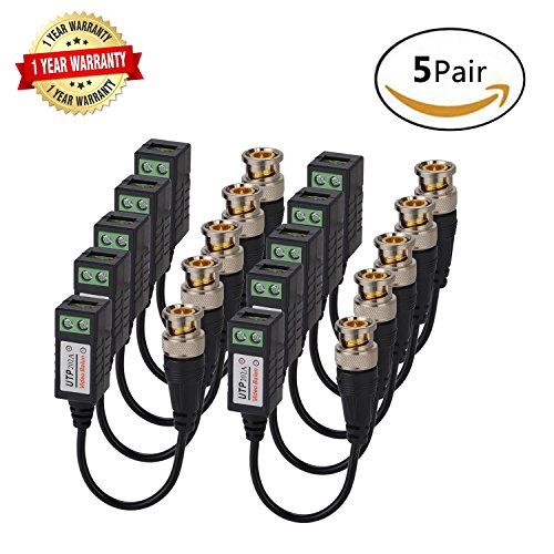 5Pair(10Pcs) Cat5 HD Video Balun,Mini Passive Transmitter/Transceivers with Lighting Protection and Coax BNC Gold Plated Connector to RJ45 Terminal for CCTV Security/Surveillance Camera Systems Use