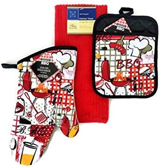 The Outdoor Chef BBQ Pot Holder Bundle - 3 Items: One Oven Mitt, One Pocket Mitt and One Coordinating Red Kitchen Towel