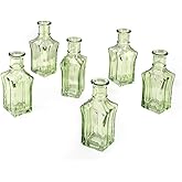 Serene Spaces Living Mini Green Glass EAU de Vie Square Bud Vase, Centerpiece for Wedding Reception, Mini Flower Vases for Home Decor, Vintage Bottle Style Vase, Pack of 6