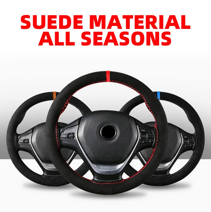 AUCELI 15 Inch Stitch-On Genuine Leather Steering Wheel Cover - Universal Anti-Slip Protector for Cars SUVs Trucks