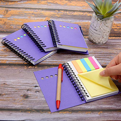 Maxdot 4 Pieces Kraft Paper Steno Pocket Business Notebook Spiral Lined Notepad Set with Pen in Holder, Sticky Colored Notes Page Marker Tabs (Purple Cover) - Thumbnail 5