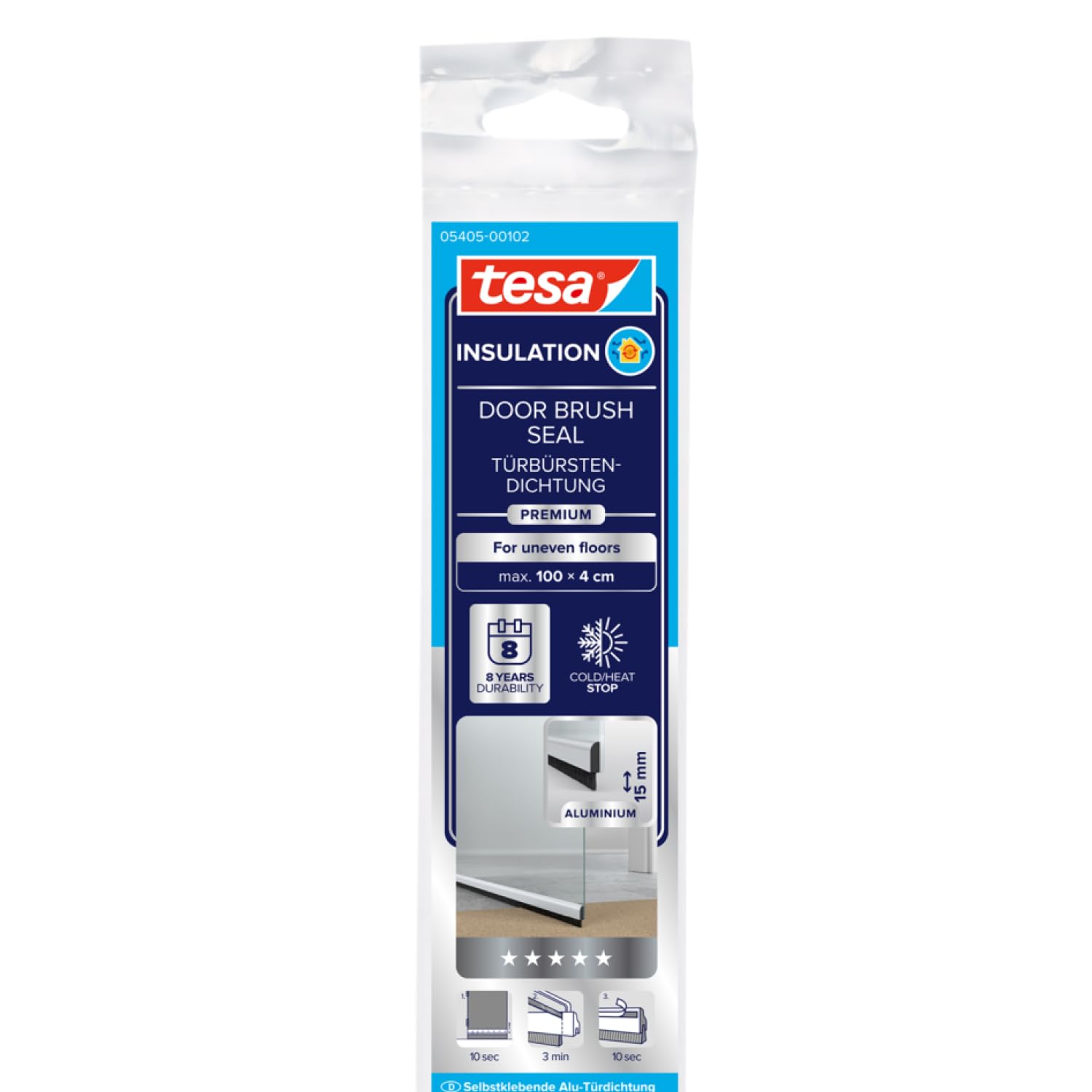 tesa Insulation Door Brush Seal for Uneven Floors - Self-Adhesive Aluminum Door Seal to Protect Against drafts - Stainless Steel - with Brush Seal up to 15 mm — image 1