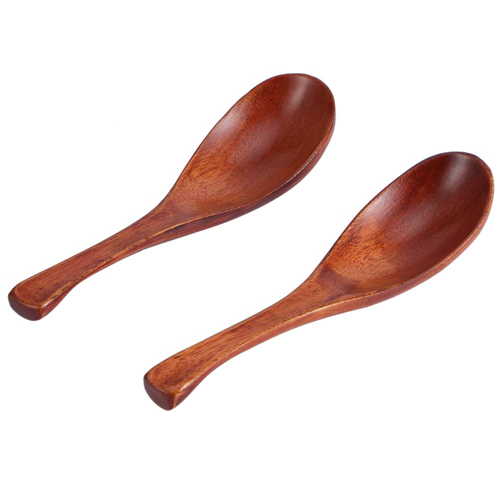 FOLOSAFENAR Short Handle Spoon ,2pcs Wooden Soup Spoon Round Shape Design Natural Wood Material Spoon Tableware for Household Kitchen