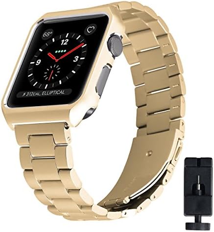 For Apple Watch Band, Eontry Stainless Steel Replacement Wrist Band Strap Link Bracelet Folding Clasp with Metal Protective Case for Apple Watch iWatch Series 3/2/1 Sport and Edition (Gold, 38mm)
