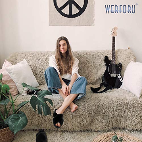 Women Cross Band Slippers, Soft Plush Fleece Slippers, Furry Cozy Open Toe House Shoes, Indoor Outdoor Faux Rabbit Fur Comfy Slippers,Black, 7-8