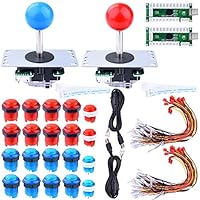 for Raspberry Pi 3 2 Model B Retropie, Longruner LED Arcade DIY Parts 2X Zero Delay USB Encoder + 2X 8 Way Joystick + 20x LED Illuminated Push Buttons for Mame Jamma Arcade Project Red + Blue Kits