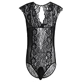 FEESHOW Sexy Men's One-Piece Sheer Lace Sissy Lingerie See Through Bodysuit Jumpsuit Sleepwear Nightwear Black X-Large