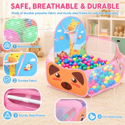 Ball Pool Baby Tent Children's Tent Foldable Cartoon Design for Children with Basketball Hoop, Pink Balls Playpen Baby (Balls Not Included)