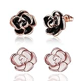 BoBoDeng 2 Pairs Pack White / Black Rose Gold Plated Flower Stud Earrings for Women Girls Gift