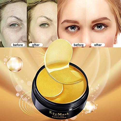 Mascara para los Ojos 60 Pcs Parches Ojos, Parches Ojeras 24k, Colageno Parches Contorno de Ojos, Eliminar Parches Ojos Bolsas y Ojeras, Patas de Gallo e Hinchazón, Hidratante Contorno de Ojos Antiarrugas (Oro)