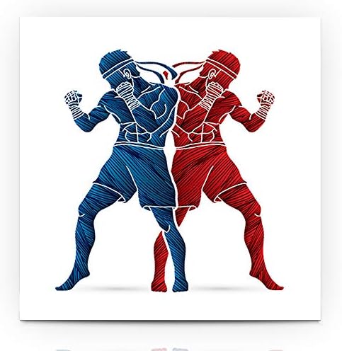 Krezy Decor Canvas Print Wall Art Painting 12"x16" Blue Fighter Muay Thai Boxing Standing Action Contender Sports Recreation Red Strength Training Twin Gallery Wrapped Artwork Home Living Room Office