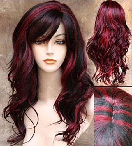 Redlution Women's Ombre Synthetic Wig - Black & Red, Medium Length, Natural Wavy, Party Wig