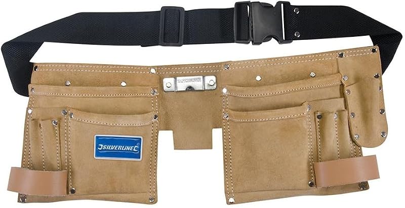 Silverline 395015 Double Pouch Tool Belt Black Clay 11 Pocket Suede Leather