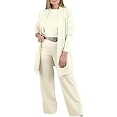 3 Piece Outfits for Women Dressy Pant Suit Long Sleeve Cardigan Top Wide Leg Pants Comfy Casual Matching Lounge Sets