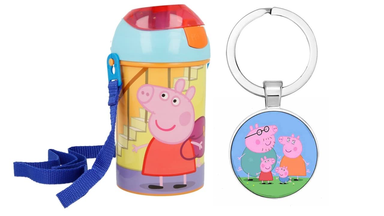 OM SUPPLIES Peppa, George, Pig Characters Pop Up Water Bottle Drink Bottle Flask with Neck Cord for Easy Carry School Lunch Kids Childrens 450ml Includes Peppa, George, Pig Keychain