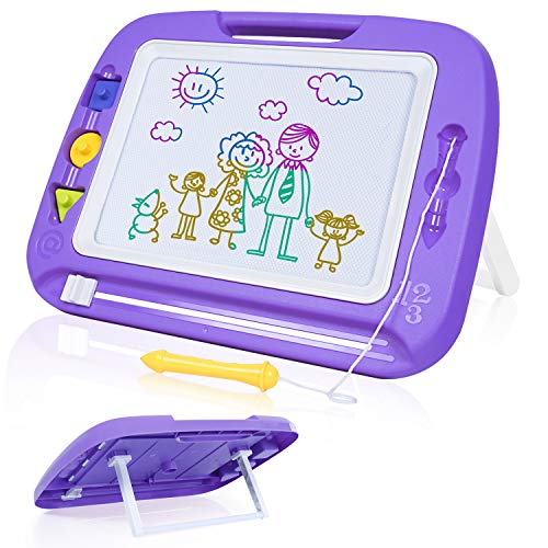 SGILE 16.3X12.8 Kids Magna Drawing Board Toy Foldable Stand Foothold 3 Stamps, Non-Toxic Magnetic Doodles Sketch Pad Painting Writing Toddlers Preschooler Learning Development, Purple - Thumbnail 7