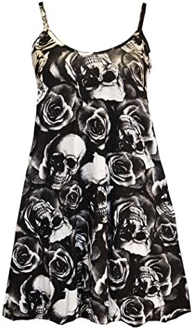 FashionMark Womens Plus Size Strappy Skull Rose Print Flared Swing Dress Top Vest
