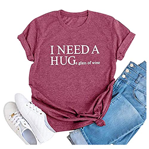 LA GUAPA I Need A Huge Glass of Wine Womens T-Shirts Print Blouse T-Shirt Casual Short Sleeve Tops Funny Graphic Tee