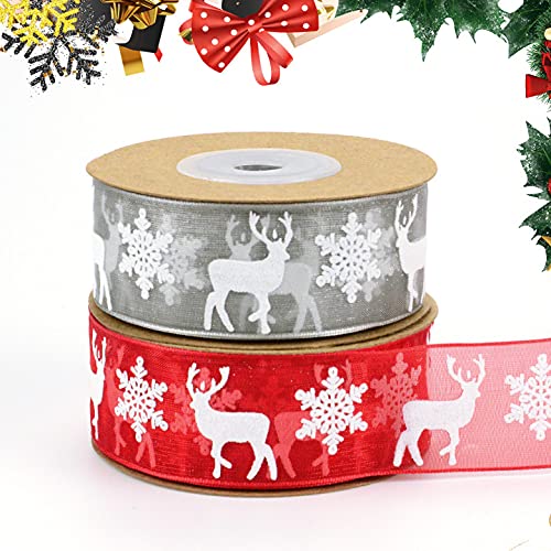 Leikedun Organza Ribbon 2Rolls, Christmas Sheer Xmas Wrapping 25mm with Snowflake Elk, 20M Red Grey Gift for Decoration Craft Making Bows and Wreaths Tree Decor
