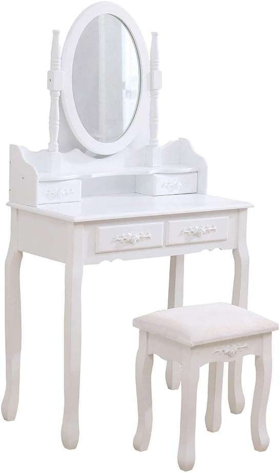 CFDZ White Bedroom 4 Drawers Dressing Table Set with Stool Vertical Frame Mirror Modern Fashion