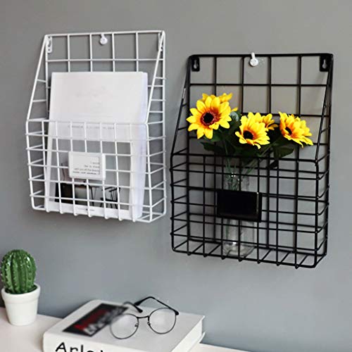Wall Hanging File Holder Magazine Newspaper Storage Shelf Rustic Industrial Design Minimalism Metal Mesh Wire Shelf for Home/Office/Wall (White)