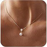 Pearl Necklaces for Women, Dainty Pearl Drop Necklace 14K Gold Plated CZ Pearls Pendant Necklace Small Gold Choker Necklaces for Women Trendy Wedding Jewelry Bridesmaids Gifts