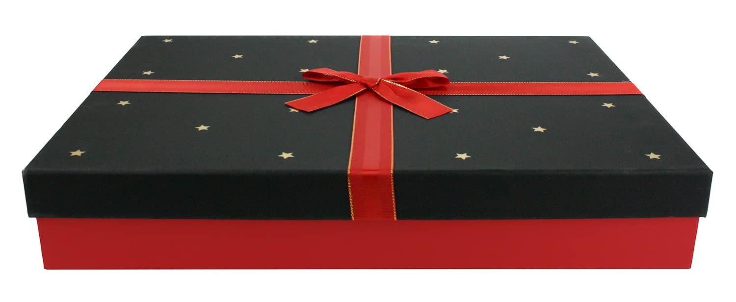 Emartbuy Single - Red/Black Rigid Gift Box with Ribbon – 40.5 x 28.5 x 7 cm – Luxury Cardboard Box|Premium Packaging for Hampers, Bridesmaid Gifts, Birthdays, Weddings, Corporate Gifting