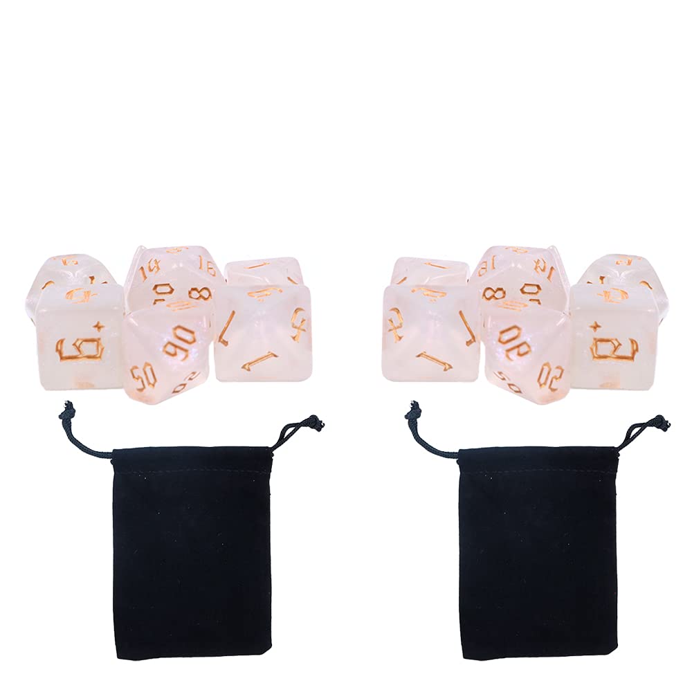 DollaTek 2 Sets White Dice Polyhedral 7-Die Dice Set Compatible with Dungeons and Dragons DND Role Playing Golden Pattern
