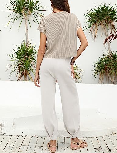 UGERLOV WOMEN’S TWO PIECE OUTFITS SWEATER SETS KNIT PULLOVER TOPS AND HIGH WAISTED PANTS LOUNGE SETS, WHITE, M