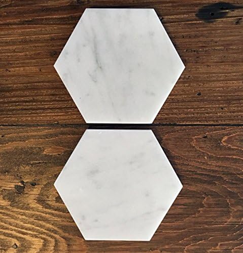 Large Hexagon Coasters in White Carrara Marble – Geometric Design - Set of 2 Stone Coasters