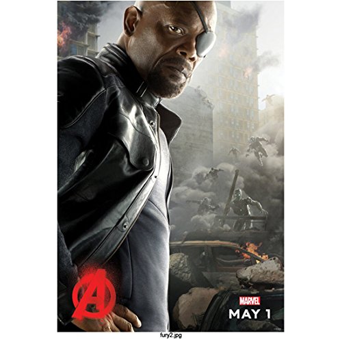 Avengers Age of Ultron, Nick Fury Side Profile with Red Avengers Logo & Release Date with Destoyed City Background 8 X 10 Inch Photo