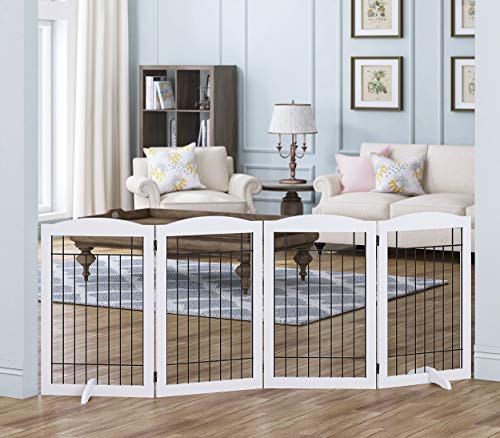 Spirich Free Standing Foldable Wire Pet Gate for Dogs, 80 inches Extra Wide, 30 inches Tall 4 Panels Dog Gate for the House, Doorway, Stairs, Pet Puppy Safety Fence,Set of Support Feet Included, White - Thumbnail 7