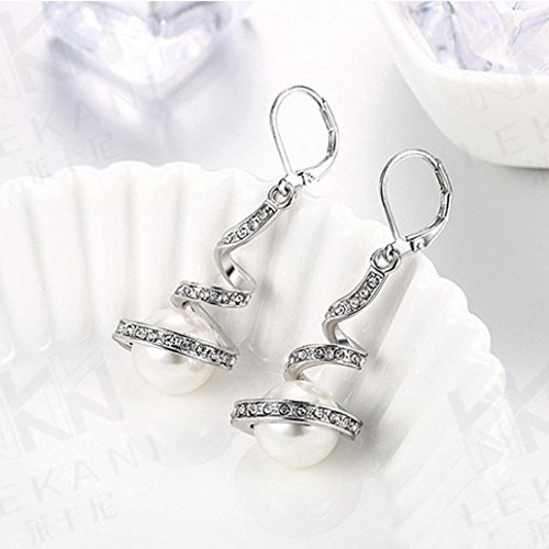 Gyoume Women's Earrings Pearl Studded Spiral Design Zircon Hoop Drop Earrings Jewelry Party Earring (White Gold)
