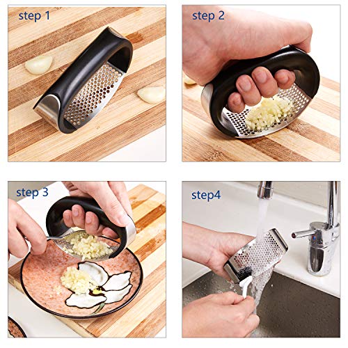 Garlic Press Rocker, Stainless Steel Garlic Mincer with Peeler Set Rustproof, Easy Use and