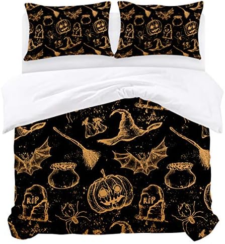 Lifechic Bedding Duvet Cover Set Brushed Microfibre Zippered 3 PCS Duvet Cover with 2 Pillowcases,Hallowen Witches Hat Pumpkin Bat Black Hallowmas Full(86"x86")