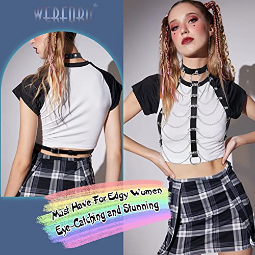 WERFORU Women Black Punk Layered Body Chain Tassel Belt PU Leather Choker Halloween，Fit neck circumference up to 16\