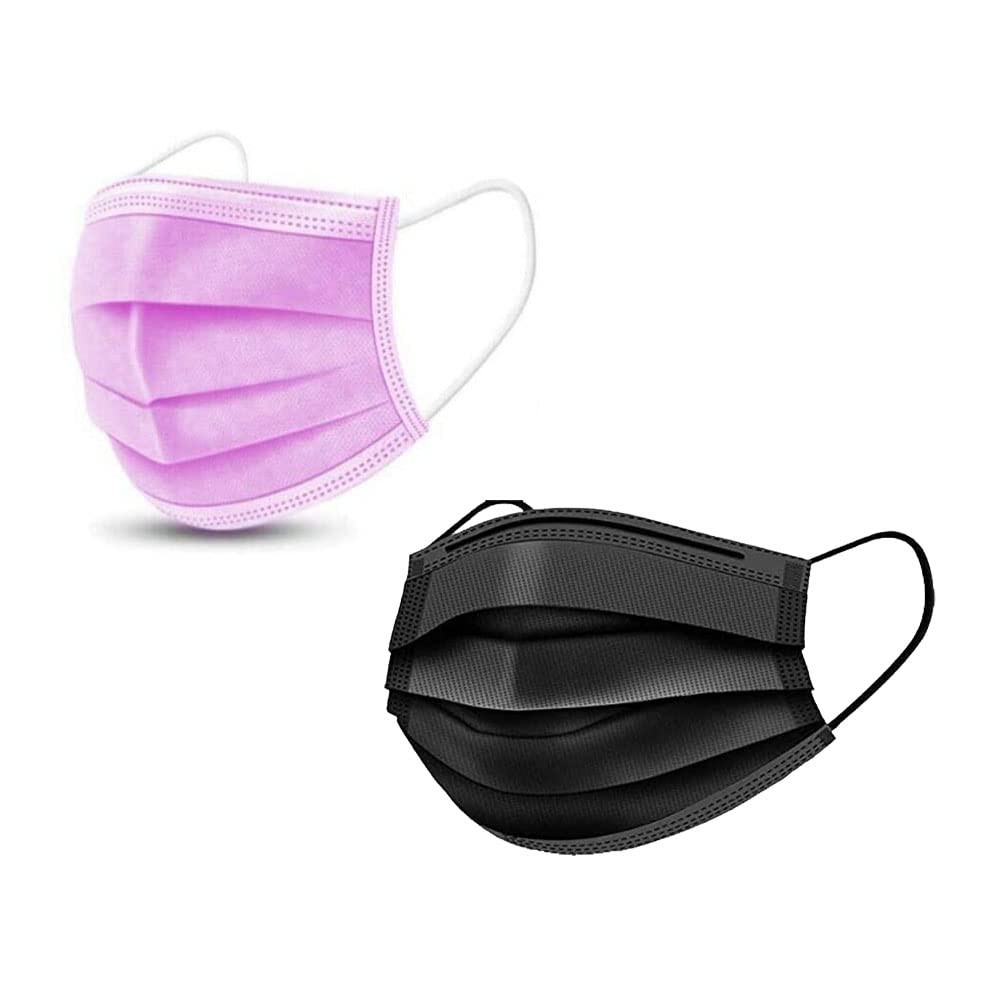 2 UR DOOR 200 Pack Protective Disposable Face Masks 3-Ply Facial Cover with Elastic Ear Loops, Comfortable Universal 3D Design for Regular Use, Home, Office (100 Pink and 100 Black)