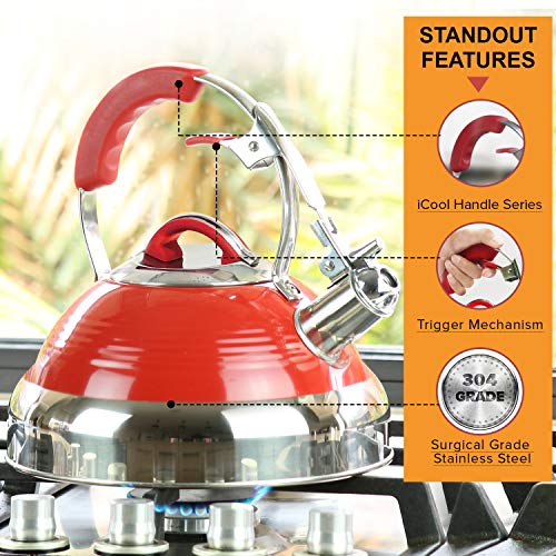 Pykal Retro Whistling Tea Kettle for Stove Top 2.8 QT Red Vintage