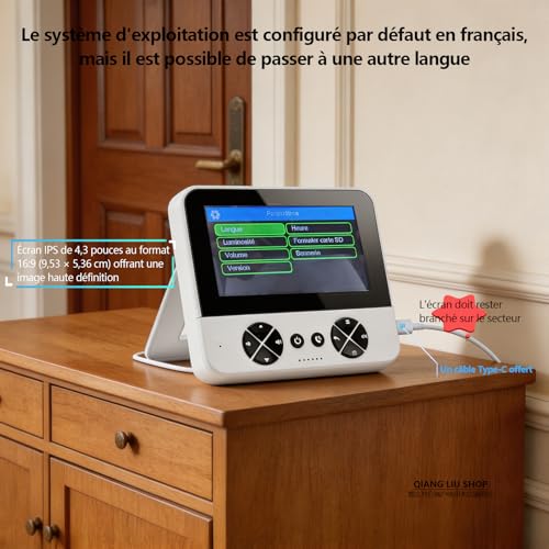 Sonnette sans Fil avec Caméra 1080P Étanche IP65, écran 4,3 Pouces, Communication Bidirectionnelle, Vision Nocturne Infrarouge, sans Application Ni Wi-FI, Compatible avec Les Cartes TF