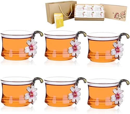Glass Tea Cup Tea Set Chinese Style Handmade Modern Kungfu Enamel Color Flower Teacup Rose Daisy Apricot Flower (Olive Daisy Small 6 Pack)
