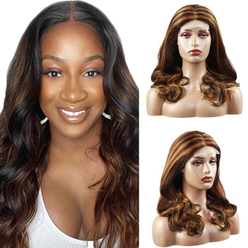 Creuost Peluca de pelo humano de 30 pulgadas, ondulado, 4 x 1, encaje suizo, frontal, humano, sin procesar, pelo virgen brasileño, pre plucked with natural Hairline P4/30 Highlight Brown