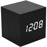 Lancoon Mini Cube LED Wooden Alarm Clock Digital Clock AC10Black_White | Time/Date/Temperature Display, 3 Levels Brightness, Voice Control, AC10Black_White Model